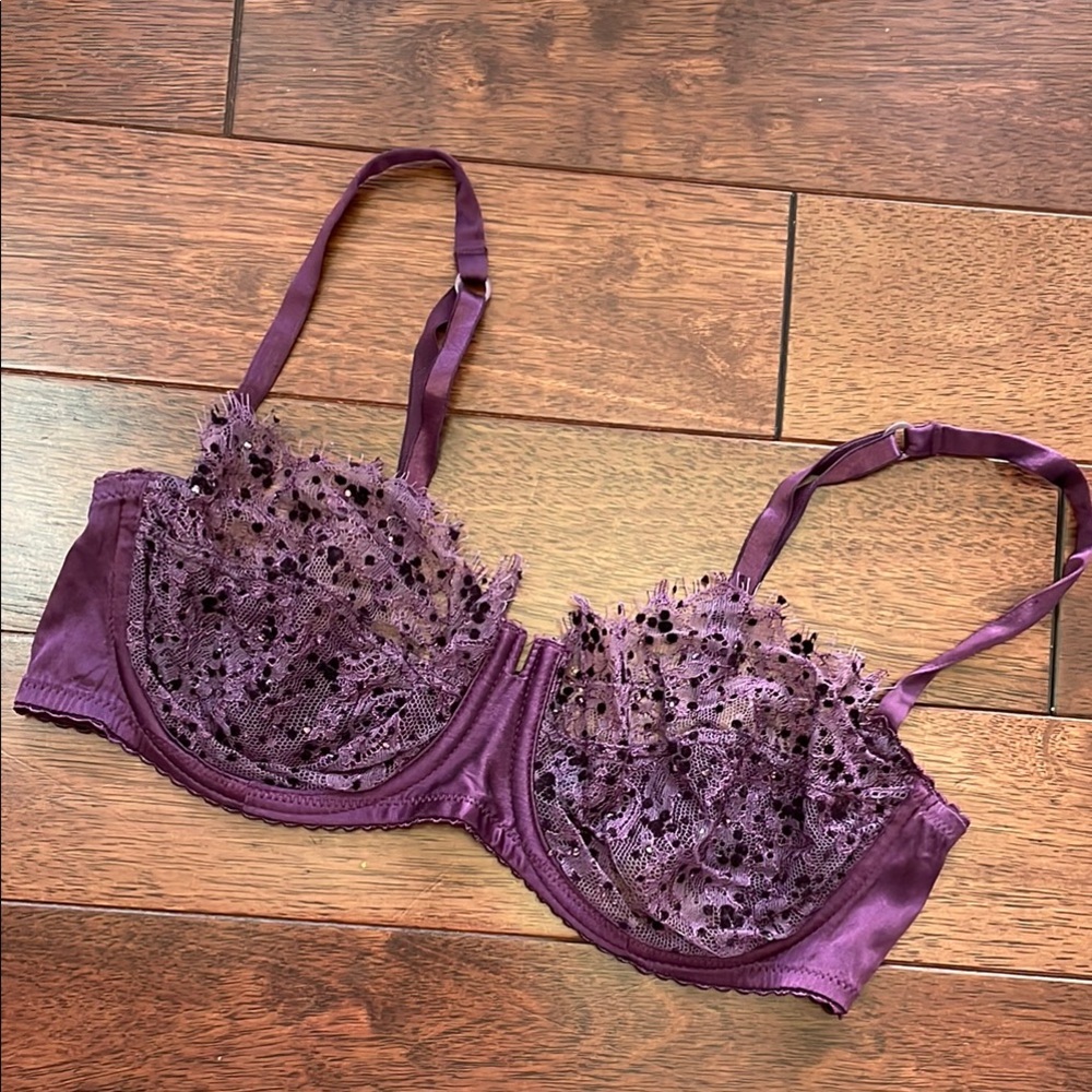 ID Sarrieri Purple Silk Rhinestone Eyelash Lace Bra 34D
